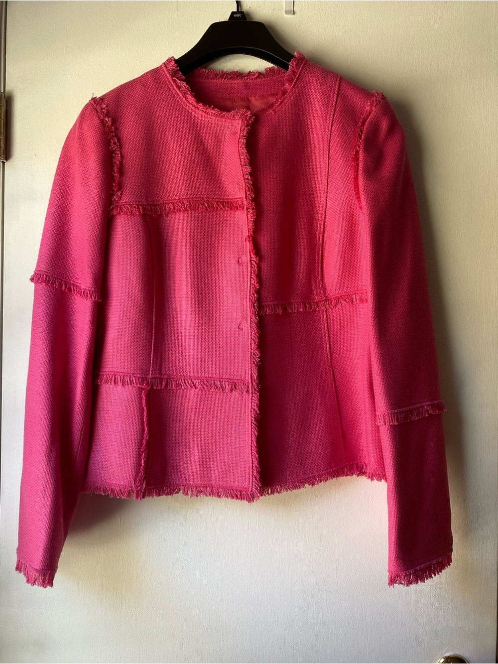 Worth New York 100% Silk Pink Frayed Trim Open Front Jacket Blazer Size 8
